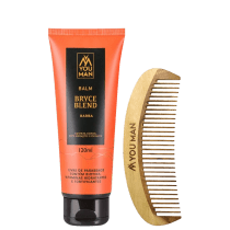Tubo de bálsamo para barba You Man Bryce Blend, com 120ml, em embalagem laranja e preta com detalhes dourados. Acompanha um pente de madeira com dentes finos.