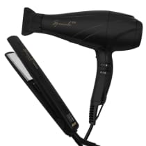 Secador de cabelo profissional preto da GA.MA Italy com corpo arredondado e alça ergonômica. Nome "Special Ion" em dourado. Inclui chapinha, com as mesmas cores.