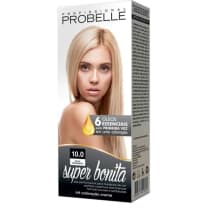 Cloração de cabelo Probelle. Caixa retangular com fundo cinza e letras brancas "super bonita" em destaque. Imagem frontal de uma mulher loira com cabelos lisos e maquiagem natural. Rótulo indica "Kit Coloração Creme" na tonalidade 10.0 Louro Claríssimo.