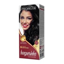 Coloração de cabelos Probelle. Caixa retangular com fundo branco e detalhes em vermelho e dourado. Imagem de uma mulher sorridente com cabelos longos e escuros. Rótulo indicando "Tonalizante sem amônia" e "6 Óleos Essenciais". Cor 1.0 preta intenso.