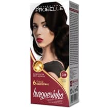 Coloração de cabelos da marca Probelle. Apresenta a imagem de uma modelo com cabelos castanhos escuros e maquiagem marcante, com batom vermelho. O rótulo destaca "6 Óleos Essenciais", "Tonalizante sem Amônia" e a cor "3.0 Castanho Escuro".
