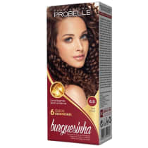 Coloração de cabelos da marca Probelle, embalagem retangular. A caixa é vermelha com detalhes dourados, exibindo uma imagem de uma mulher com cabelos longos e cacheados na cor castanha escura. A cor indicada é "Louro Escuro 6.0".