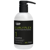 Shampoo para cabelos cacheados da linha Curly Plex da marca Curly Care. Embalagem plástica branca e preta com bomba dosadora preta. Rótulo preto com detalhes em verde, exibindo o nome do produto.