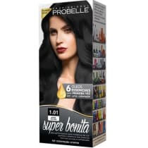 Coloração de cabelo em creme da marca Probelle. Imagem frontal de uma mulher com cabelos longos e pretos, batom vermelho e olhar intenso. Abaixo, indicação da tonalidade "Preto Carvão 1.01" e o nome "Super Bonita" para alta performance