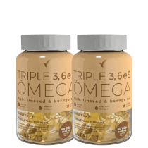 Dois frascos de cápsulas de ômega 3, 6 e 9 da marca Eleve Life, contendo óleo de peixe, linhaça e borragem, com rótulos em tons de marrom e amarelo.