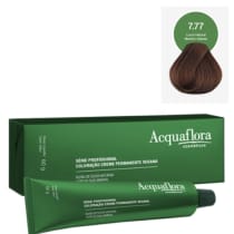 Caixa verde da linha profissional de coloração creme permanente vegana da marca Acquaflora, contendo um tubo de coloração na cor 7.77 Louro Natural Marrom Intenso.