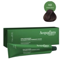 Caixa verde e tubo de creme de coloração permanente vegana da série profissional da marca Acquaflora, com tonalidade de castanho natural 4.0 indicada no rótulo.