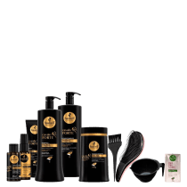 Kit com shampoo, condicionador, máscara, leave-in, tônico capilar, reparador de pontas e complexo capilar da linha Cavalo Forte da marca Haskell. Acompanha combo com pincel, escova mágica, pote e máscara Ora Pro Nobis em tamanho mini.