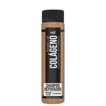 Frasco de shampoo reparador da marca Widi Care, com embalagem preta e detalhes em tons de marrom. O rótulo destaca a proteção da cor e a ausência de sulfatos na fórmula.