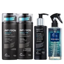 Conjunto de produtos de beleza da marca TRUSS, incluindo shampoo, condicionador, sérum noturno e máscara líquida. Embalagens em preto e azul com textos e rótulos indicando os nomes e benefícios dos produtos.
