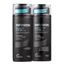 A imagem apresenta um shampoo e um condicionador, todos com embalagens plásticas pretas de 300ml. Os frascos tem o nome da linha "Infusion" e o logo da Truss.