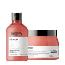 O produto apresentado é uma linha de tratamento capilar da marca L'Oréal Professionnel, chamada Inforcer. Consiste em um shampoo fortificante de 300ml e uma máscara capilar fortificante 500g.
