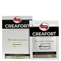 O produto Vitafor Creafort é um suplemento alimentar em pó com 100% de creatina de alta pureza, apresentado em caixa e sachês de 3g, com logotipo da marca e informações sobre o produto.