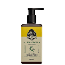 Frasco de leave-in da marca Don Alcides, com design em tons de amarelo e preto. O rótulo apresenta informações sobre os benefícios do produto, como hidratação, proteção térmica e controle do frizz.