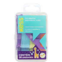 Caixa plástica contendo 36 unidades de fio dental individual para crianças, com embalagem na cor turquesa e detalhes em roxo e amarelo, rotulada como "FIO DENTAL INDIVIDUAL KIDS".