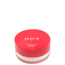 A imagem apresenta embalagem redonda compacta com tampa vermelha. A tampa superior exibe o logotipo "payot" em letras brancas. O rótulo na parte frontal indica "Pó Facial Matte" em texto branco sobre fundo vermelho.