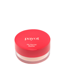 A imagem apresenta embalagem redonda compacta com tampa vermelha. A tampa superior exibe o logotipo "payot" em letras brancas. O rótulo na parte frontal indica "Pó Facial Matte" em texto branco sobre fundo vermelho.