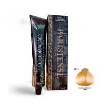 A imagem mostra produtos de coloração de cabelo profissional da marca Paris Cosmetics. Há uma caixa retangular exibindo o logotipo e nome "Paris Cosmetics". Ao lado está um tubo preto brilhante com a mesma marca impressa, contendo o creme colorante.