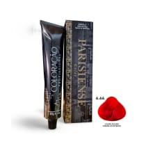 A imagem mostra produtos de coloração de cabelo profissional da marca Paris Cosmetics. Há uma caixa retangular exibindo o logotipo e nome "Paris Cosmetics". Ao lado está um tubo preto brilhante com a mesma marca impressa, contendo o creme colorante.