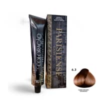 A imagem mostra produtos de coloração de cabelo profissional da marca Paris Cosmetics. Há uma caixa retangular exibindo o logotipo e nome "Paris Cosmetics". Ao lado está um tubo preto brilhante com a mesma marca impressa, contendo o creme colorante.