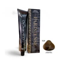 A imagem mostra produtos de coloração de cabelo profissional da marca Paris Cosmetics. Há uma caixa retangular exibindo o logotipo e nome "Paris Cosmetics". Ao lado está um tubo preto brilhante com a mesma marca impressa, contendo o creme colorante.