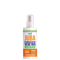 Frasco plástico branco com tampa branca fosca. Rótulo com detalhes em verde, laranja e azul. Texto indicando que é um blend de óleos de algodão, linhaça dourada e abacate, indicado para todos os tipos de curvaturas. Informações sobre o volume de 60ml.