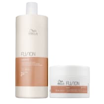 Shampoo Fusion Intense Repair da Wella em embalagem de 1 litro. Rótulo laranja com texto "Intense Repair Shampoo" e logotipo Wella. Máscara Fusion Intense Repair da Wella em embalagem plástica branca de 150ml.Wella.