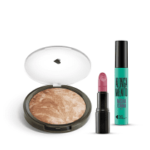 Kit Pó Iluminador Marmorizado + Máscara de cílios Escândalo Preti Alongamento + Batom Mate Veludo Amorando + Caixa Cubo G