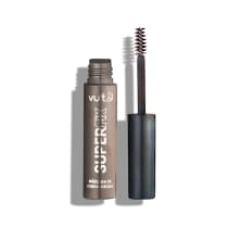 O produto apresentado na imagem é uma máscara de sobrancelhas da marca Vult. A embalagem é um tubo plástico de cor marrom claro, com o nome impresso em branco. O aplicador da máscara é visível na parte superior do tubo, com uma escova de cerdas escuras.