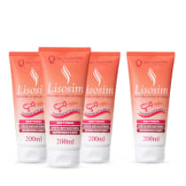 A imagem mostra quatro embalagens do Lisosim da marca Que TheBoche Cosméticos. Seu frasco é laranja com detalhes em branco e vermelho. O rótulo destaca as principais características, como fato de ser sem formol e super hidratante.