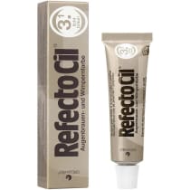 Caixa e tubo de creme colorante RefectoCil, com design em tons de cinza e branco. O rótulo exibe o nome da marca e o número "3.1" indicando a tonalidade do produto.