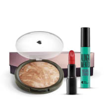 Kit Pó Iluminador Marmorizado + Máscara de cílios Escândalo Preti Alongamento + Batom Mate Vermelhíssimo + Caixa Cubo G
