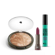 Kit Pó Iluminador Marmorizado + Máscara de cílios Escândalo Preti Alongamento + Batom Mate Alta Pigmentação Amorando