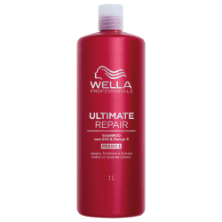 Shampoo Ultimate Repair da linha Wella Professionals. Embalagem vermelha com capacidade de 1 litro. Texto Ultimate Repair, informações sobre o produto e logotipo da marca Wella em branco.