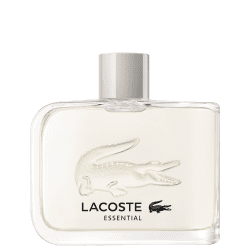 A imagem mostra um frasco de perfume retangular e transparente, com líquido incolor, da marca Lacoste. Na frente do frasco, está impresso o logotipo da Lacoste, um crocodilo, e o nome do perfume, Essential, abaixo da marca.