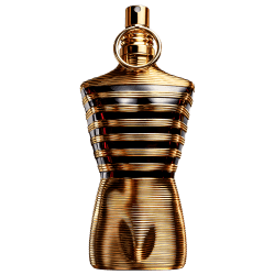 O frasco possui um design distintivo, com uma forma cilíndrica e listras douradas e pretas que se enrolam em torno do corpo. O topo do frasco é arredondado e dourado, com um pequeno bico pulverizador.