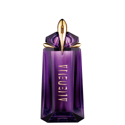 Ppossui um design escultural e geométrico, com uma tampa dourada. O corpo é feito de vidro na cor roxa intensa, com o nome da fragrância "Alien" destacado em letras douradas. O design transmite uma estética futurista e sofisticada, típica da marca Mugler.
