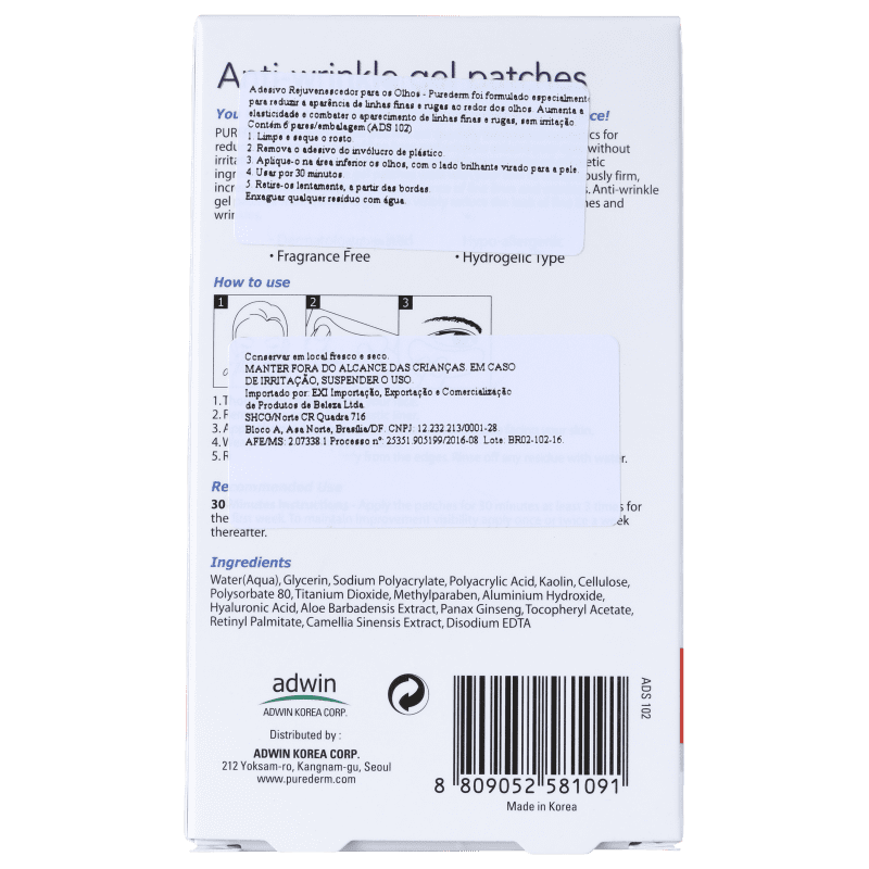 Purederm Anti-Wrinkle Gel Patches - Adesivo Rejuvenescedor para os Olhos (6 unidades)