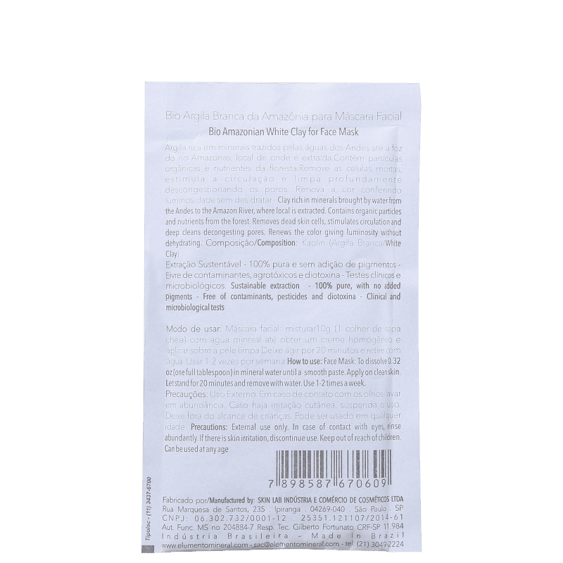 Elemento Mineral Bio Argila Branca da Amazônia - Máscara Facial 30g
