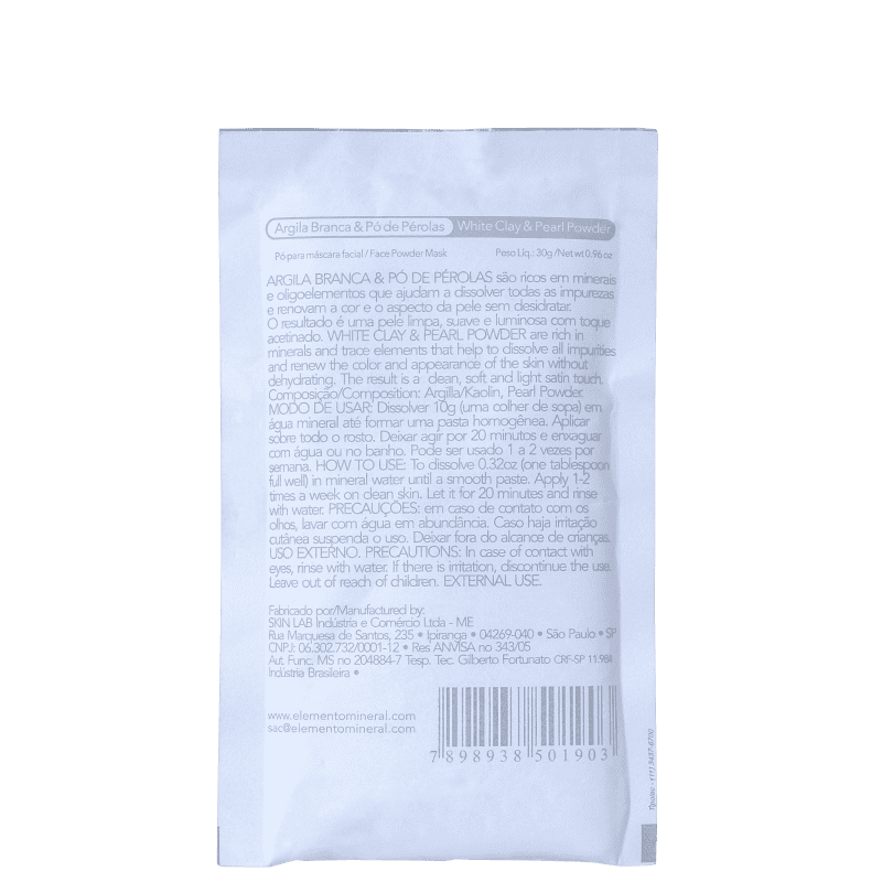 Elemento Mineral Argila Branca & Pó de Pérolas - Máscara Facial 30g
