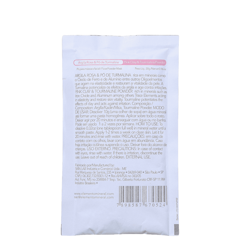 Elemento Mineral Argila Rosa & Pó de Turmalina - Máscara Facial 30g