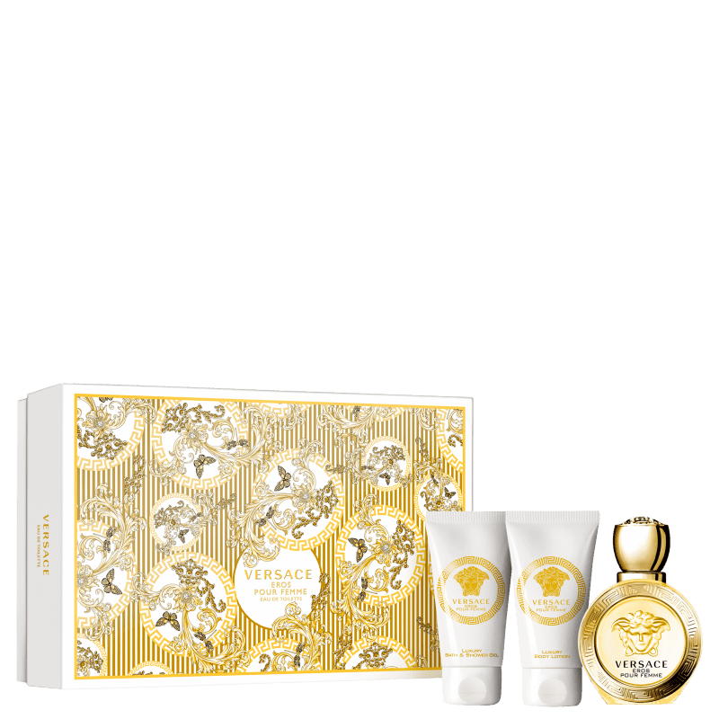 Conjunto Eros Pour Femme Versace Feminino - Eau de Toilette 50ml + Loção Corporal 50ml + Gel de Banho 50ml