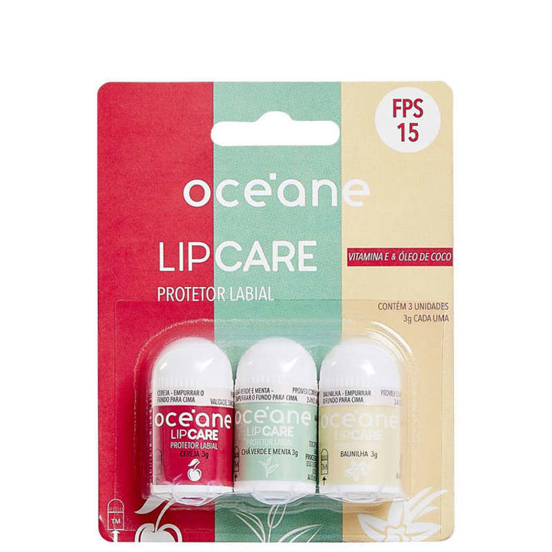 Lip Care - Protetor Labial Cereja, Baunilha e Chá Verde com Menta 3UN
