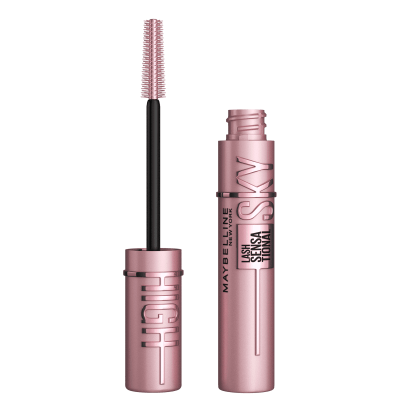 Rímel em embalagem cilíndrica rosa metálico com o logotipo "Maybelline New York" e o nome do produto "Lash Sensational" impresso no frasco.