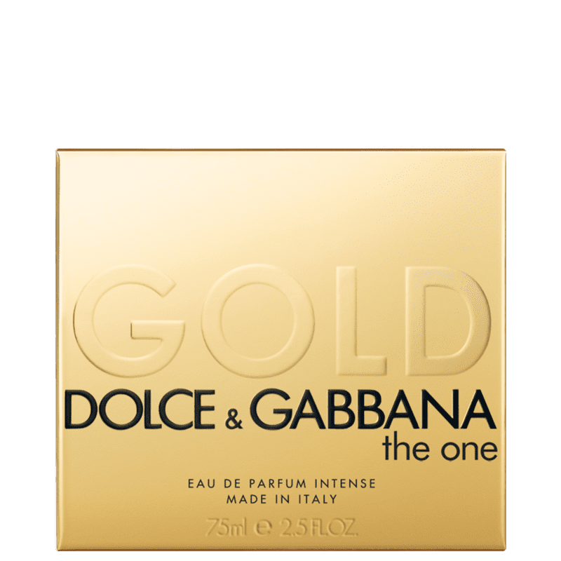 O produto apresentado na imagem é um frasco de perfume da marca Dolce & Gabbana, chamado "the one". O frasco possui um design elegante e minimalista, com uma forma retangular em tons dourados. Volumetria de 75ml.