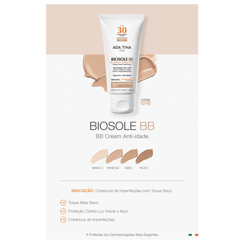 Ada Tina Biosole BB Cream 30 Vaniglia - Protetor Solar com Cor 40ml