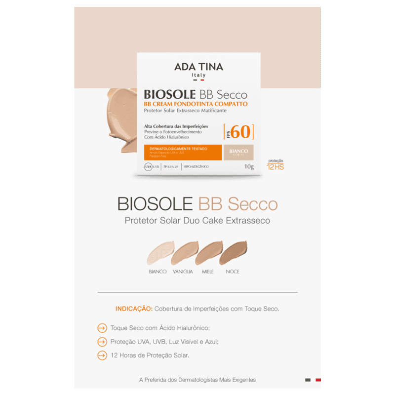Ada Tina Biosole BB Secco FPS60 Bianco - Protetor Solar Facial com Cor 10g