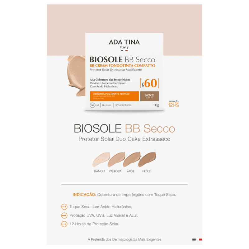 Ada Tina Biosole BB Secco FPS60 Noce - Protetor Solar Facial com Cor 10g