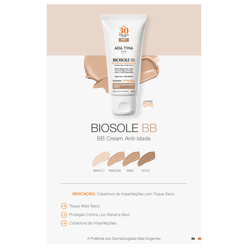 Ada Tina Biosole BB Cream FPS30 Miele - Protetor Facial com Cor 40ml
