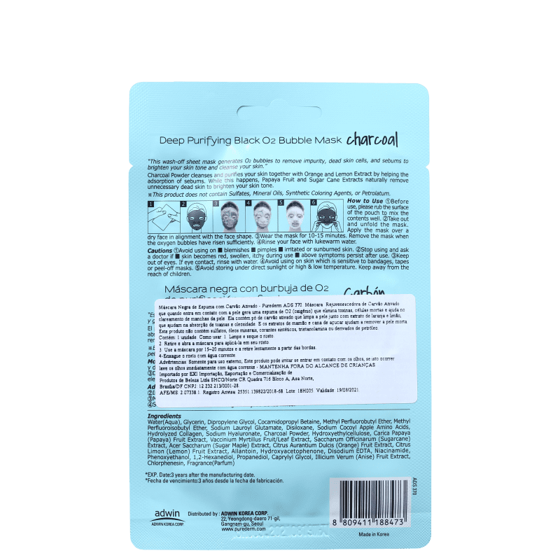 Purederm Deep Purifying Black O2 Bubble - Máscara de Limpeza Facial 20g
